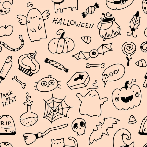 Cute święta bezproblemowy wzór halloween w prosty ręcznie rysowane dziecinny styl kreskówki doodle. Jedna linia na pastelowym tle. Idealny dla niemowląt tekstyliów, odzieży. — Wektor stockowy