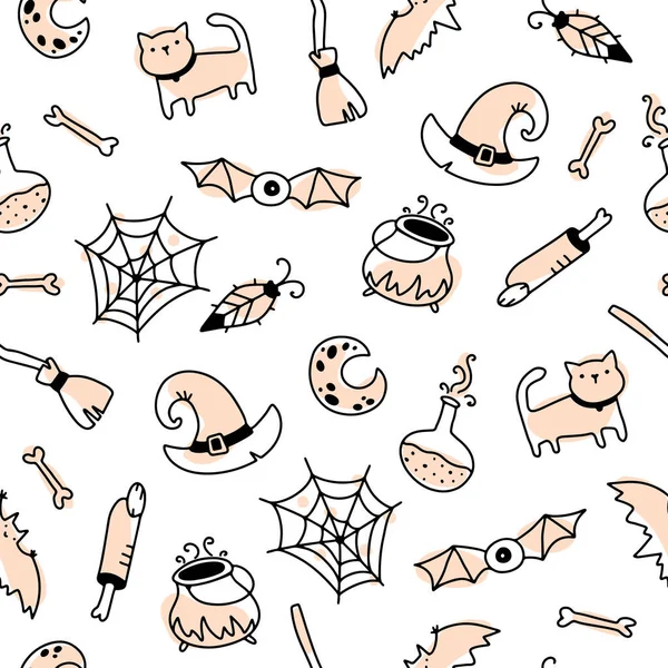 Cute holidays seamless halloween pattern in simple hand drawn childish cartoon doodle style. One line on a pastel background. Ideal for baby textiles, clothing. — Stock Vector