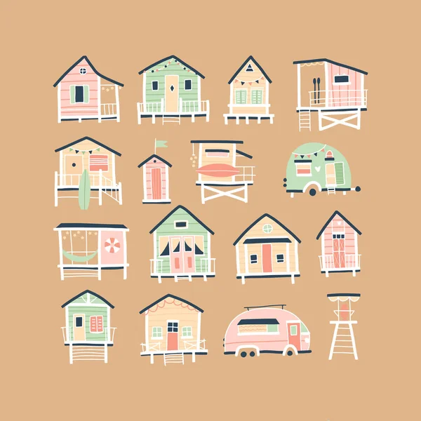 Παραλιακά σπίτια και τροχόσπιτα. Χαριτωμένο καλοκαιρινό καρτούν σε απλό χέρι ζωγραφισμένο παιδικό σκανδιναβικό vintage στυλ. Μικροσκοπικά τροπικά κτίρια σε παστέλ παλέτα. Ιδανικό για εκτύπωση. — Διανυσματικό Αρχείο