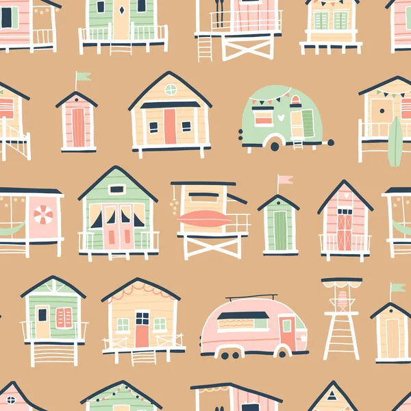 Maisons de plage et remorques motif sans couture. Mignonne illustration de dessin animé d'été en style vintage scandinave simple dessiné à la main. Petits bâtiments tropicaux dans une palette pastel. Idéal pour l'impression. — Image vectorielle