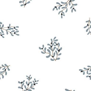 Noel ökseotu pürüzsüz deseni. Modaya uygun vektör el, böğürtlenli dalların çiçek resimlerini çizmiş. İskandinav karikatür tarzı. Tekstil, kumaş, ambalaj kağıdı basmak için ideal.