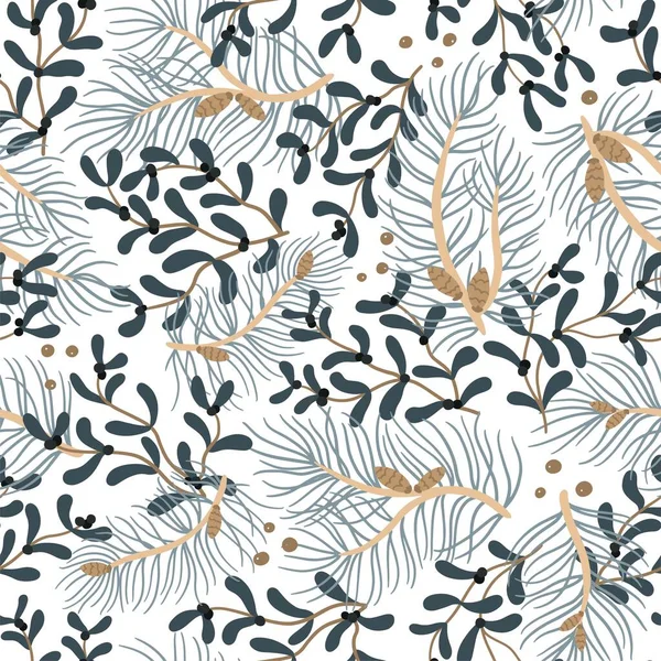 Çiçeksiz kış deseni. Böğürtlenli yaprak ökseotu ve kozalaklı bir Noel ağacının dalları. İskandinav tarzında elle çizilmiş bir tasvir. Kumaş, tekstil, kağıt için.