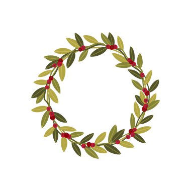Kırmızı böğürtlenli ve köknar dallı el yapımı çelenk. Noel kartları ve kış tasarımı için yuvarlak çerçeve. Kopyalama alanı olan vektör düzeni.