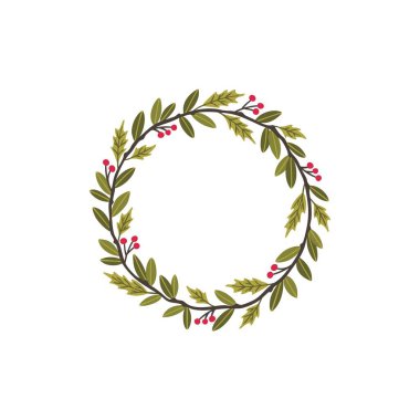 Kırmızı böğürtlenli ve köknar dallı el yapımı çelenk. Noel kartları ve kış tasarımı için yuvarlak çerçeve. Kopyalama alanı olan vektör düzeni