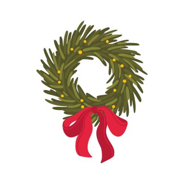 Klasik Noel çam çelengi taşıyıcısı koyu yeşil iğneler ve sarı ışık süslemeleri, canlı kırmızı bir yayla bağlanmış. Geleneksel, el çizimi tatil illüstrasyonları el ilanları, baskılar ve şenlik için