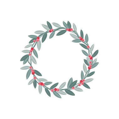 Kırmızı böğürtlenli ve köknar dallı el yapımı çelenk. Noel kartları ve kış tasarımı için yuvarlak çerçeve. Kopyalama alanı olan vektör düzeni