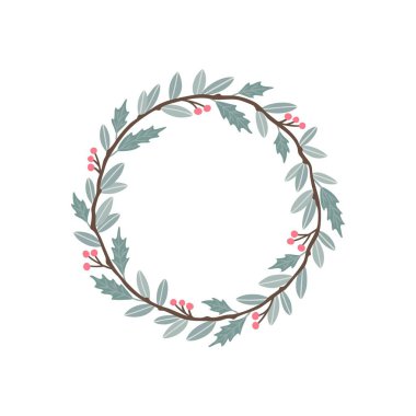 Kırmızı böğürtlenli ve köknar dallı el yapımı çelenk. Noel kartları ve kış tasarımı için yuvarlak çerçeve. Kopyalama alanı olan vektör düzeni