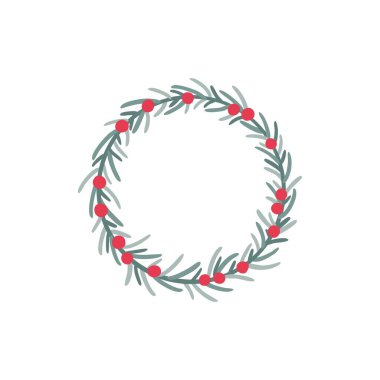 Kırmızı böğürtlenli ve köknar dallı el yapımı çelenk. Noel kartları ve kış tasarımı için yuvarlak çerçeve. Kopyalama alanı olan vektör düzeni