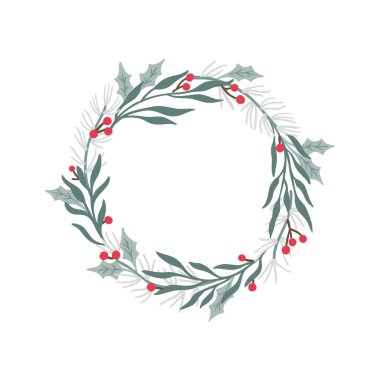 Karlı çam, serin tonlu çoban püskülü ve parlak kırmızı böğürtlenli zarif bir Noel çelengi vektörü. Modern, el yapımı kış sınırı şık mevsimlik kırtasiyeler, afişler, şık dekorlar için mükemmel.