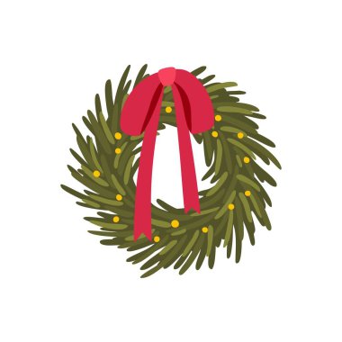 Klasik Noel çam çelengi taşıyıcısı koyu yeşil iğneler ve sarı ışık süslemeleri, canlı kırmızı bir yayla bağlanmış. Geleneksel, el çizimi tatil illüstrasyonları el ilanları, baskılar ve şenlik için