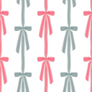 Süssüz, dikey çelenk desenli, klasik dekoratif fiyonklu beyaz üzerine pembe ve tozlu mavi renkler. Şirin, modern ve kumaş ve ambalaj için zarif..