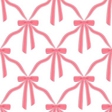 Beyaz üzerine eşkenar dörtgen şeklinde dizilmiş pembe dekoratif fiyonklar ve kurdeleler. Kadınsı, şık ve modern moda, bebek ürünleri ve kırtasiye baskısı.