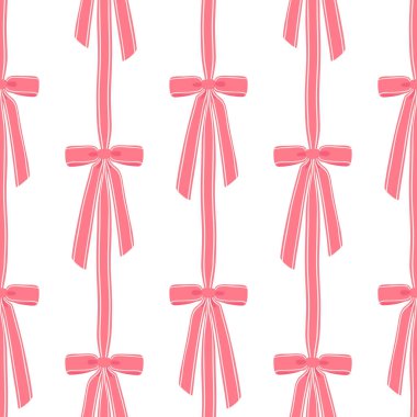 Sevimli, dikey kurdeleli çelenk desenli, beyaz üzerine pembe renkli klasik dekoratif fiyonklar. Şık, kadınsı, cilveli ve kumaş ve ambalaj için modern.