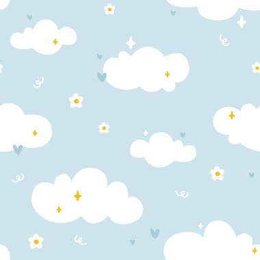 Beyaz bulutlu kusursuz desen, açık mavi gökyüzünde sarı yıldızlar ve papatyalar. Bebek bakıcılığı tekstili, hediye paketi, kumaş veya şık kırtasiye ürünleri için şirin minimalist karalama stili.