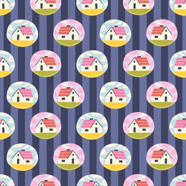 Lacivert çizgili arka planda yuvarlak şekilli, kusursuz bir yapı. Çocuk tekstili, kırtasiye ve ambalaj için çizgi filmlerdeki şirin minimalist ev yazlığı karalaması.