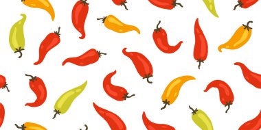Kırmızı, sarı ve yeşil sebzeli bibersiz biber deseni. Çizgi film, mutfak tekstil ürünleri, Meksika kafe dekorasyonu ve şirin minimalist ambalaj tasarımı için el yapımı baharatlı gıda arka planı.