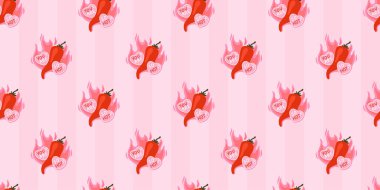 Kırmızı sebzeli, bibersiz kırmızı biberli, pembe çizgili arka planda ateş ve kalpler. Romantik tekstil, kırtasiye malzemesi, ambalaj kağıdı için el yapımı vektör karikatürü. Sevimli flört havası.