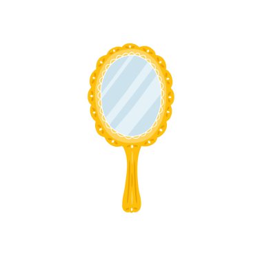 El aynası, klasik altın çerçeve, beyaz arka planda izole edilmiş, prenses masalı için el çizimi, makyaj tasarımı, kızlar için sihirli cam aksesuar, güzellik ikonu.