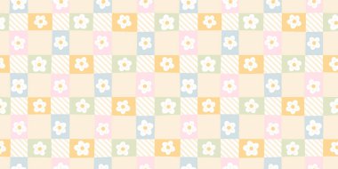 Papatya çiçeği dikişsiz desen. Dama tahtası arka planında pastel renkler var. Çocuklar için sevimli estetik yatay vektör tekstil, bebek odası duvar kağıdı, kırtasiye ve dijital kağıt tasarımı