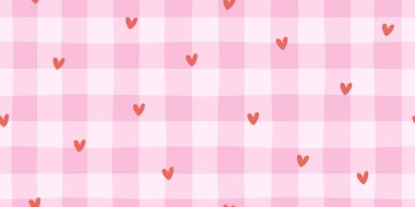 Pembe gingham arka planında kırmızı konfeti olan kusursuz bir kalp taşıyıcısı. Sevgililer günü için şirin bir çek stili, çocuklar tekstil, pastane paketleri. Tatlı, şık, modern karalama