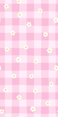 Pembe gingham arka planda beyaz çiçekli, pürüzsüz bir şablon vektörü. Mobil duvar kağıdı, hikaye, çocuk tekstili ve ambalaj için dikey çiçek çeki. Tatlı, şık, modern karalama