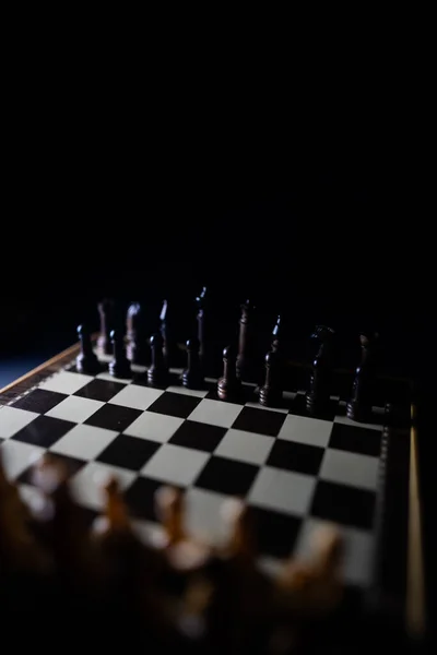 Chess Pieces Chessboard Dark Style White Light Selective Focus — Stock Photo, Image