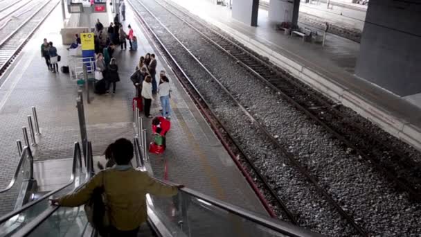 Gente bajando escaleras mecánicas a la plataforma — Vídeo de stock