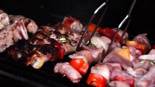 Espetos de carne no churrasco — Vídeo de Stock
