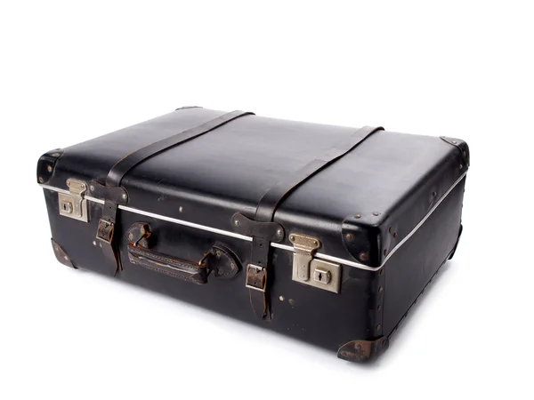 Askıları ve kilitleri ile eski bir siyah vintage deri çanta — Stok fotoğraf