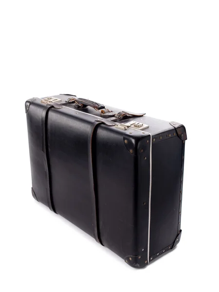 En gammal svart vintage läder resväska med remmar och lås Stockfoto