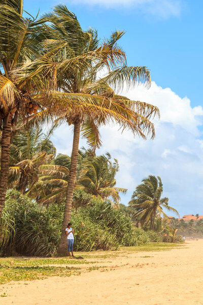 Girl under a palm tree on the beach in Bentota