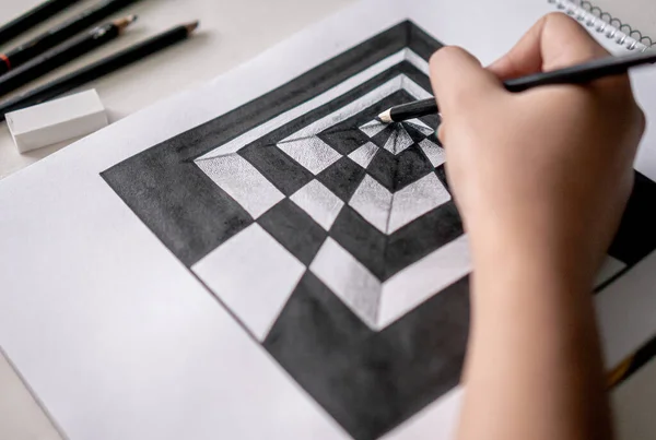 Mit Einem Schwarzen Bleistift Eine Perspektivische Zeichnung Mit Schwarz Weißen — Stockfoto