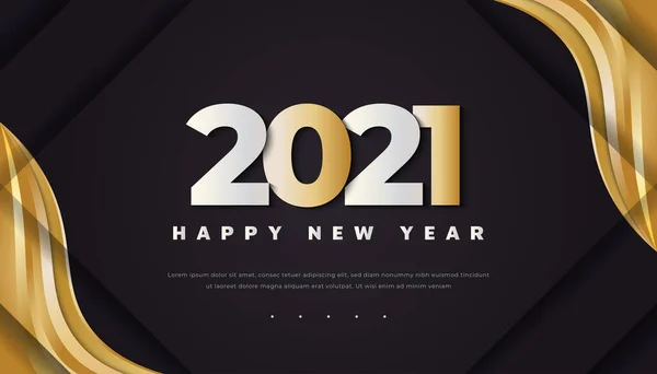 Happy New Year 2021 Gold Text Black Background Gold Frame — Stock Vector