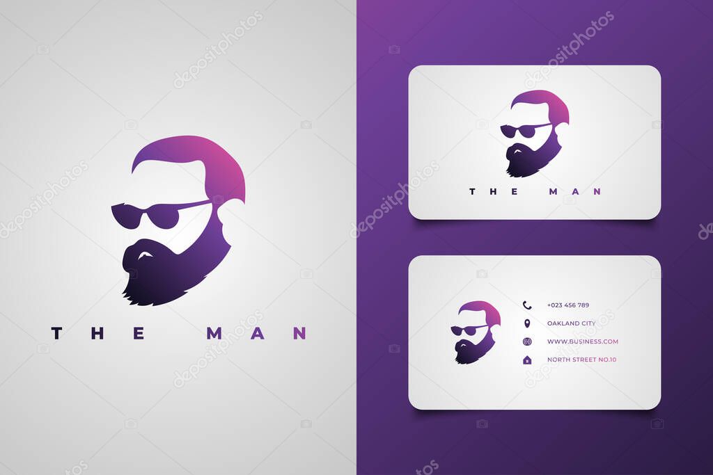 Bearded man logo with glasses and gradient concept. Cool man illustration for barbershop logo or business brand