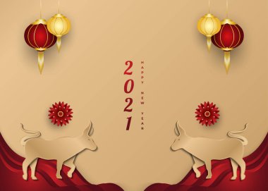 2021 Çin Yeni Yılı, arka planda altın öküz ve fenerle bayrağı selamlıyor.