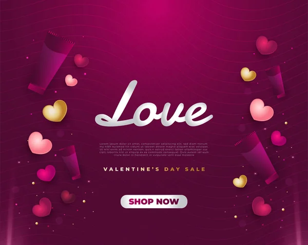 Valentine Day Sale Banner Love Lettering Cosmetics Colorful Hearts Purple — Stock Vector