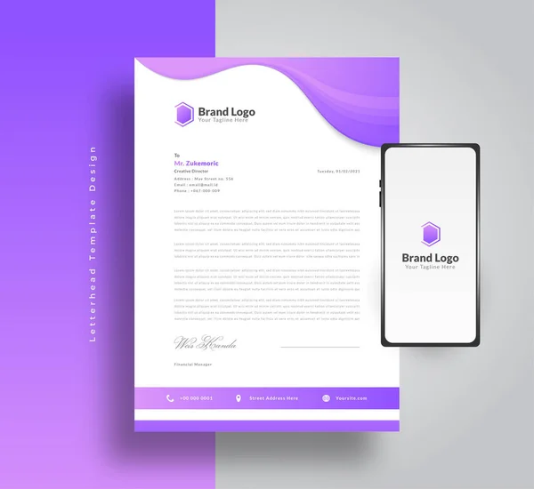 Modern Business Letterhead Şablon Tasarımı Mor Derece ve Smartphone Yanda