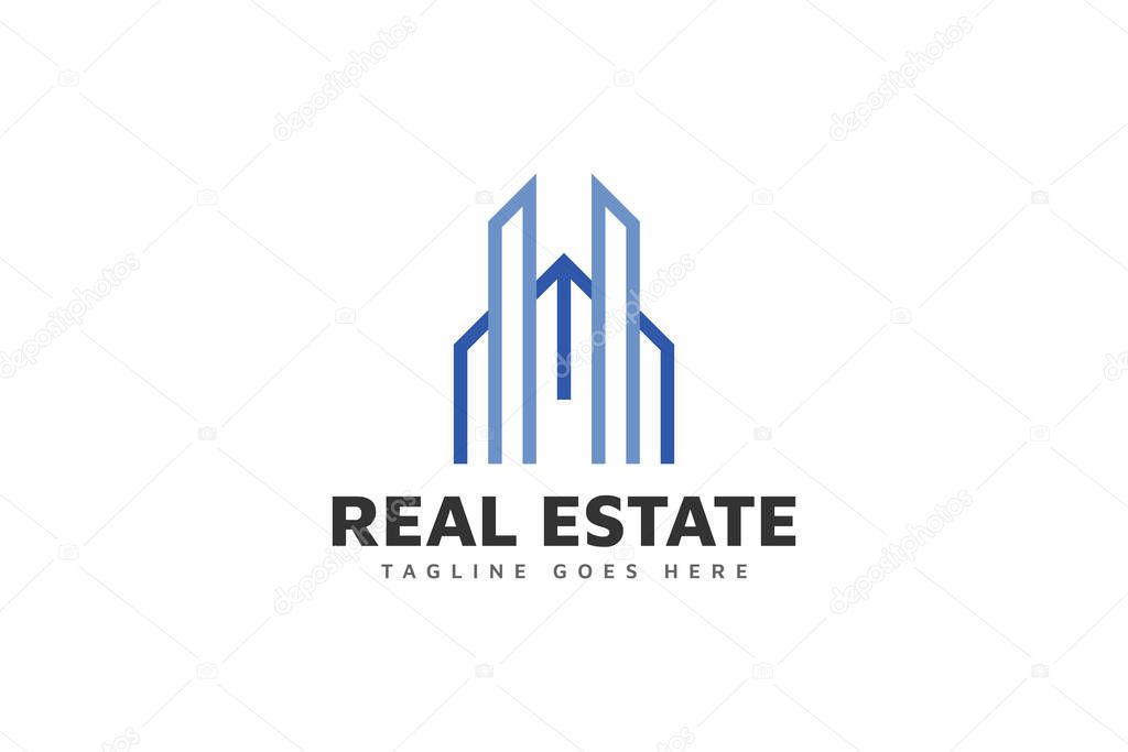 Blue Real Estate Logo with Line Style. Construction, Architecture or Building Logo Design Template