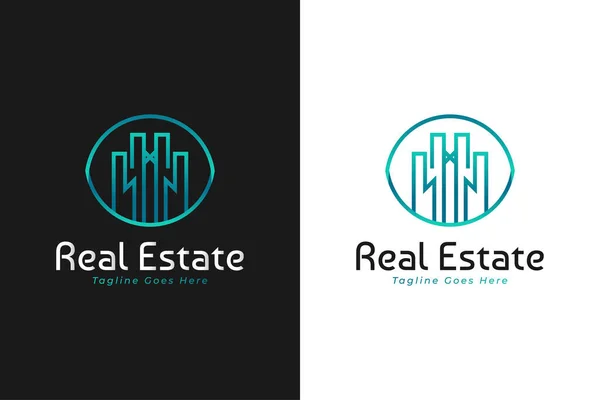 Logotipo Imobiliário Gradiente Azul Verde Com Estilo Linha Modelo Design — Vetor de Stock