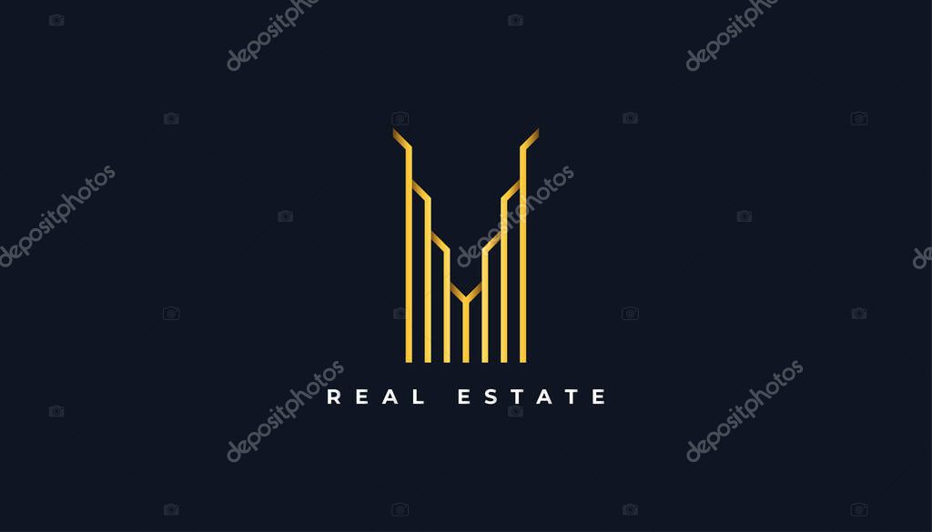 Real Estate Logo in Gold Gradient with Line Style. Construction, Architecture or Building Logo Design Template