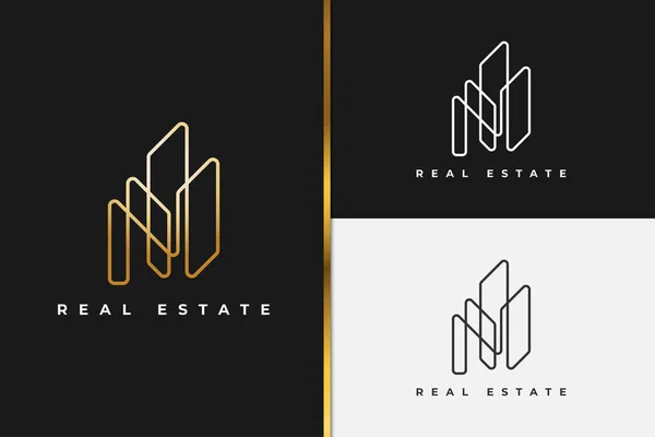 Real Estate Logo Gold Gradient Met Line Style Bouw Architectuur — Stockvector