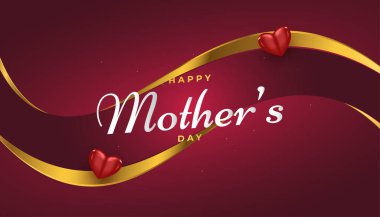 Kırmızı ve Altın renkli Anneler Günü tebrik kartı. Kağıt Kesiği Tarzı. Anneler Günü Kutlaması İçin Kalpli Vektör Bayrağı. Aşk Sembolü ve Kaligrafi Metni