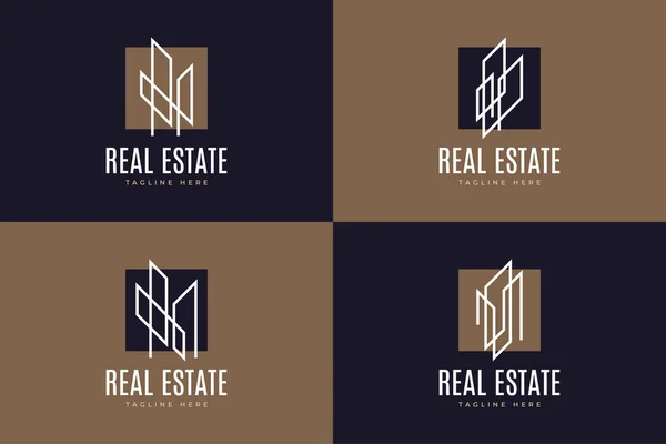 Set Von Immobilien Gebäude Oder Bau Logo Mit Linienstil Einfachem — Stockvektor