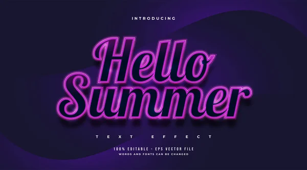 Hello Summer Text Retro Style Glowing Neon Effect Editable Text — Stockový vektor