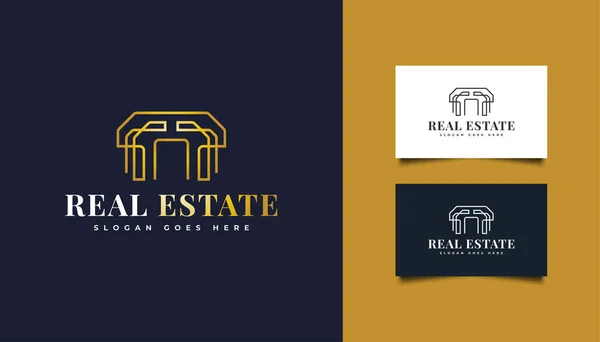 Luxury Gold Real Estate Logo Στυλ Γραμμής Πρότυπο Σχεδιασμού Κατασκευής — Διανυσματικό Αρχείο