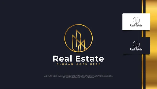 Luxe Gold Real Estate Logo Design Met Line Style Bouw — Stockvector