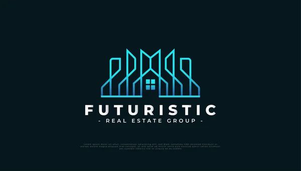 Diseño Logotipo Inmobiliario Futurista Azul Con Construcción Estilo Línea Arquitectura — Vector de stock