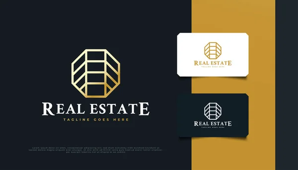 Real Estate Logo Design Arany Nyolcszögletű Koncepció Vonal Stílusban Építőipari — Stock Vector