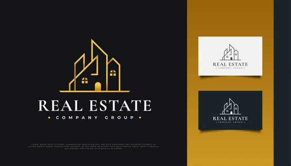 Elegantní Gold Real Estate Logo Design Linkovým Stylem Stavba Architektura — Stockový vektor