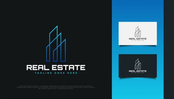 Modern ve Fütürist Emlak Logosu Tasarımı ve Mavi Gradyan Çizgi Tarzı. İnşaat, Mimarlık veya İnşaat Logosu Tasarımı